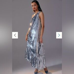 NWT MAEVE Anthropologie One Shoulder Sequin Ruffle
Maxi Dress Silver XS
